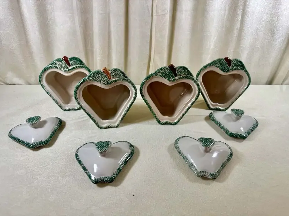 Vintage 1996 Teamson Apple Themed Heart-Shaped Ceramic Covered Bowls, Set of 4